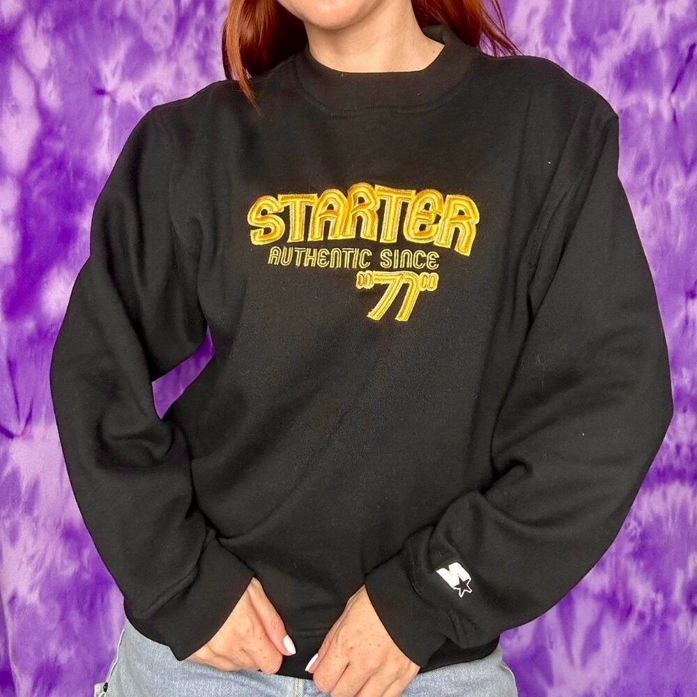 VTG 90s starter crew neck sweatshirt black and gold yellow